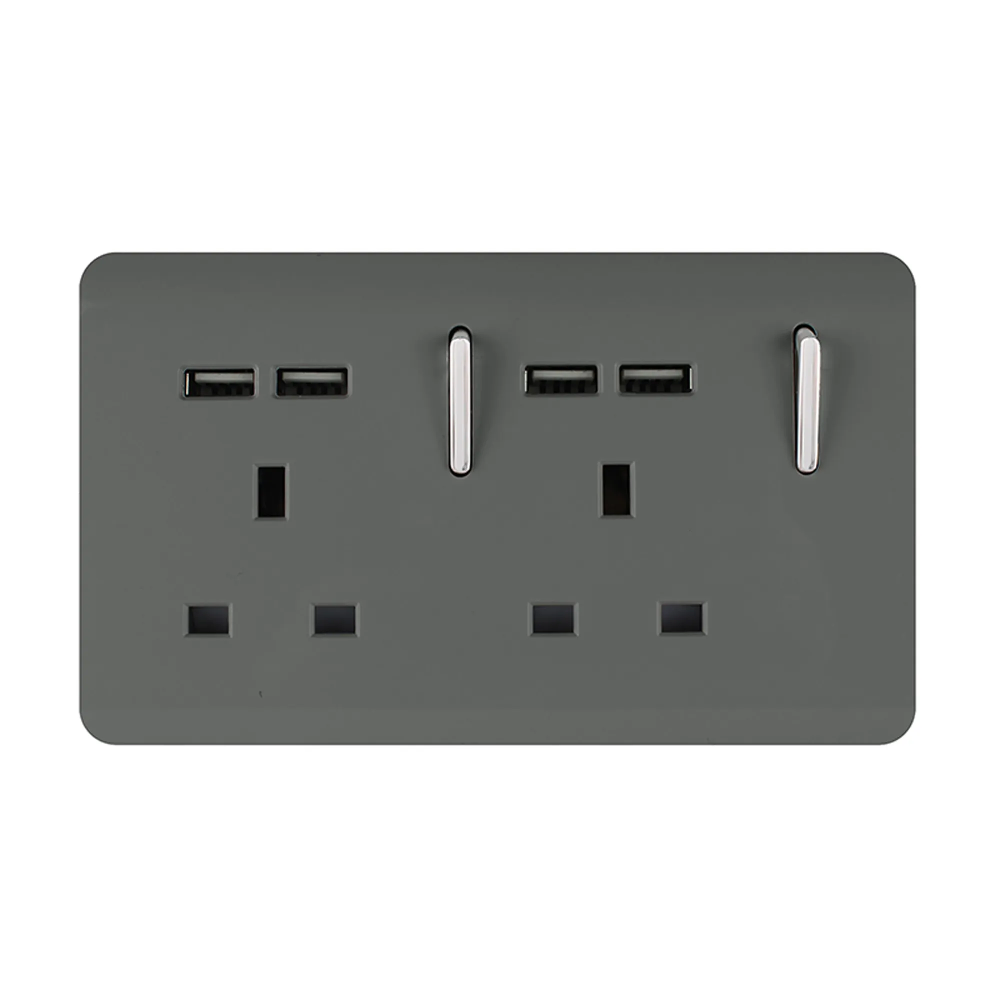 2 Gang 13Amp Switched Double Socket With 4X 2.1Mah USB Charcoal